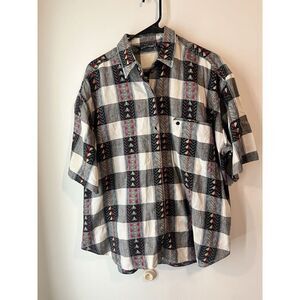 Vintage Art Deco Plaid Western Button Down Shirt Short Sleeve Heart Embroidery